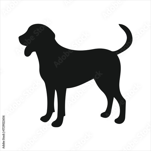 Silhouette of a healthy dog standing alertly with its tongue slightly out and tail curved up