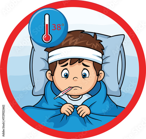 Cartoon child lying in bed with fever, thermometer in mouth and head bandage, vector illustration for kids, health and sickness content