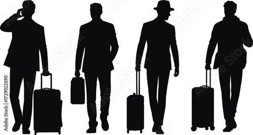 Business traveler silhouettes, airport commute vector, luggage carrying people, cad drawing flat vector illustration, professional travel icon, walking pose art
