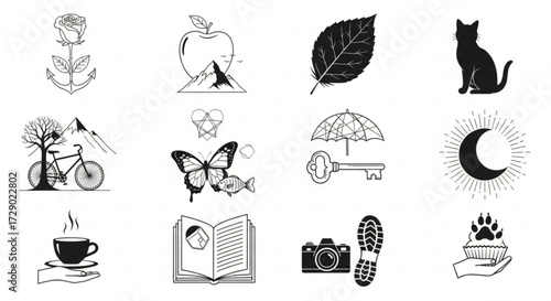 Collection of twelve diverse black and white line art illustrations in a grid arrangement