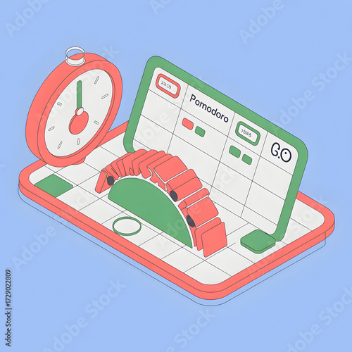 Isometric productivity tracker with clock and calendar grid in coral green and white