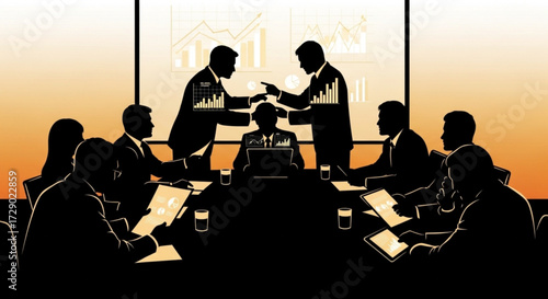 Group of business people in a meeting with charts and graphs displayed on a screen behind them