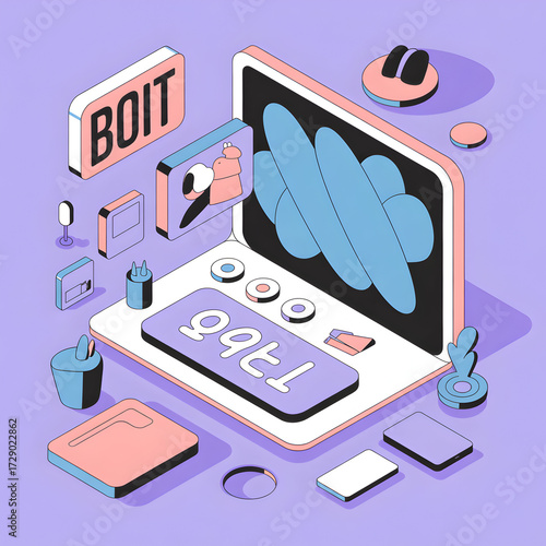 Isometric illustration of a laptop with stylized icons and text B O I T A B O computer