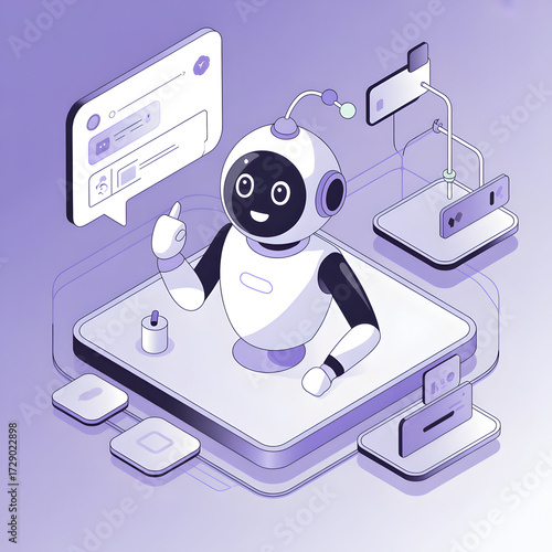 Isometric robot chatbot builder interface with digital screens and chat bubbles artificial intelligence