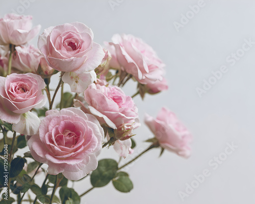 A cluster of beautiful pink roses with detailed petals and green leaves, captured in a soft light against a clean background