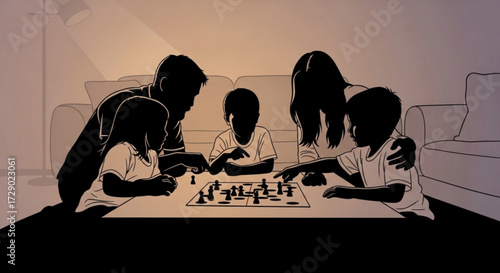 Family playing chess together at home under a lamp with couch in the background in silhouette style
