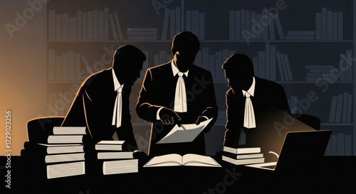 Three lawyers reviewing documents in a dark office with a bookshelf and a laptop on the desk