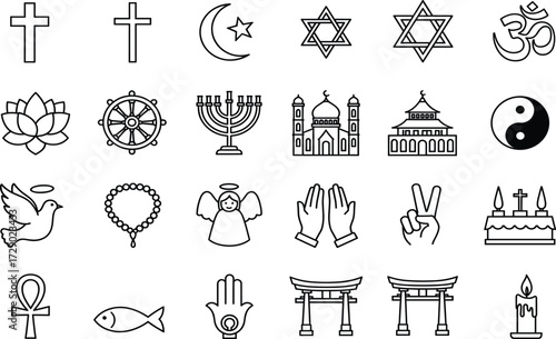 Religious icon collection, spiritual symbols grid, world faiths vector set, black outline style, cultural belief signs, interfaith diversity illustration
