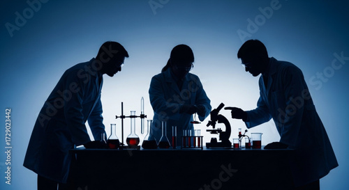 Three scientists in lab coats working with beakers test tubes and a microscope in a dark blue setting