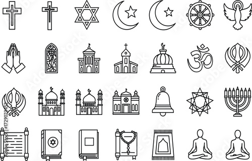 Religious icon set, spiritual symbols grid, worship places vector, black and white style, faith diversity, sacred traditions, interfaith illustration pack