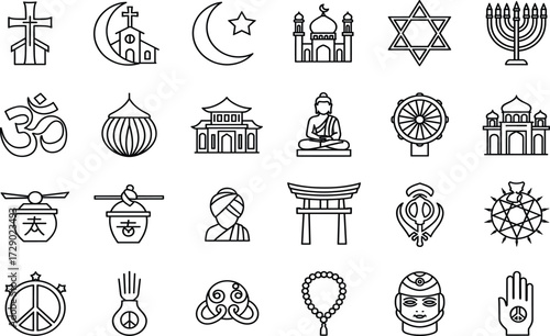 Religious icons, black and white vector, spiritual symbols, cultural belief elements, outline pack, scalable set, faith design assets, global UI