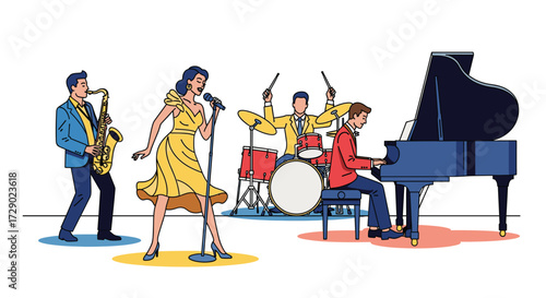 Colorful Jazz Band Illustration: Singer, Saxophone Player, Drummer and Pianist Performing Together in Harmony for Live Concerts and Musical Events