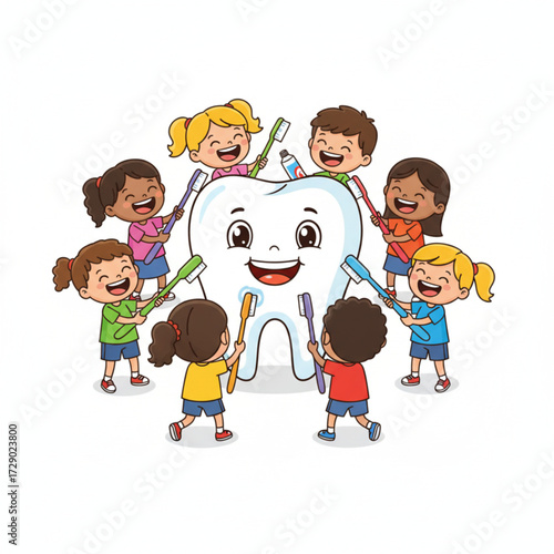 Post-Halloween Dental Party Joyful Children Brushing a Giant Tooth. Promoting Oral Hygiene and Healthy Habits with Fun Educational Activities for Bright Smiles