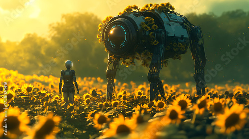Human-AI companion walking beside a robotic animal through sunflower fields 