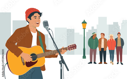 Street Performer Entertaining a Crowd with Acoustic Guitar and Vintage Microphone in an Urban Setting, Showcasing Live Music and Urban Lifestyle