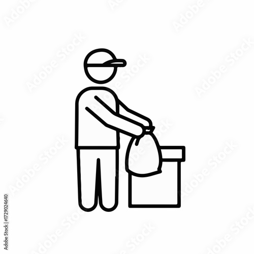 Person in cap disposing of trash bag into bin, simple line art illustration