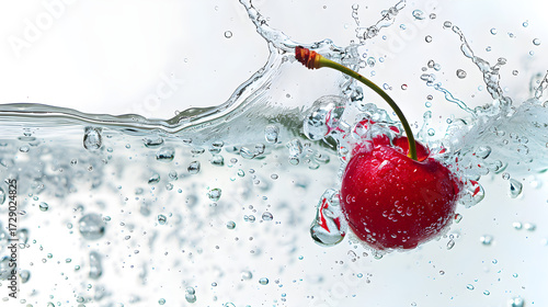 Ripe red cherry splashes into clear water with dynamic water droplets and splash