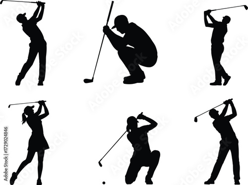 Golf player silhouette set, swing pose icons, sports action vector, black flat illustration, cad drawing flat vector illustration