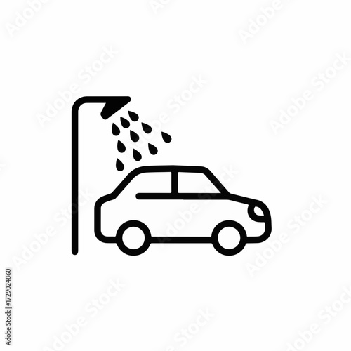 Simple outline illustration of a car being washed with water spraying from a shower head.