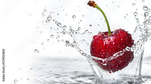 Single ripe cherry splashing into clear water with many water droplets in motion