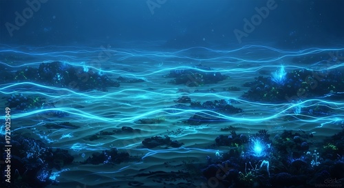Abstract underwater landscape with glowing lines and particles creating a mesmerizing and futuristic scene of the ocean floor with light effects
