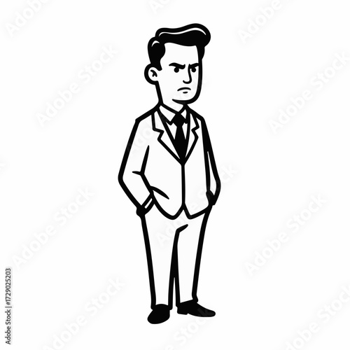 Frustrated businessman with hands in pockets, conveying annoyance or disapproval.