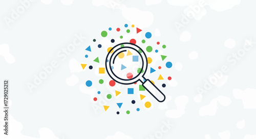 Magnifying glass over colorful geometric shapes, representing search and discovery of data and information