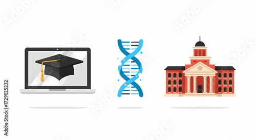 Comprehensive visual representation of modern education pathways, scientific discovery, and academic institutions for learning and future development