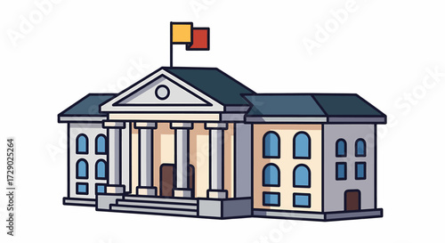 Government Building Illustration with Pillars and Flags