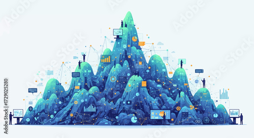 Abstract Digital Data Mountain Landscape Representing Complex Information Analysis and Future Technological Insights with Interconnected Nodes and Human Figures