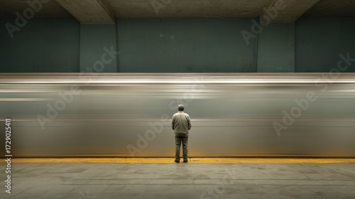A man stands still on the platform, gazing ahead while a subway train speeds past him. The setting is a busy urban transit hub.