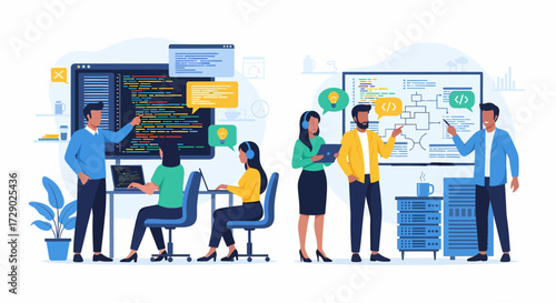 Software development team collaborating on coding and project planning in a modern office environment