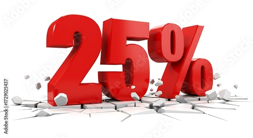 Large red 25 percent symbol cracking ground isolated on white background