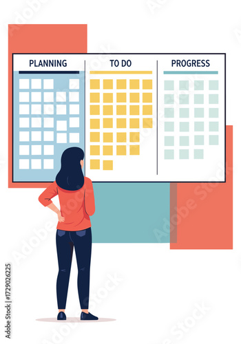 A woman reviews a Kanban board with columns for planning to do and progress.