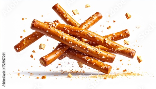 Delicious crunchy pretzel sticks sprinkled with salt tumbling mid-air, creating a tempting snack moment for any occasion.