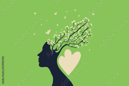 Woman Silhouette with Blossoming Tree and Hearts – Mind, Brain and Performance Concept Illustration