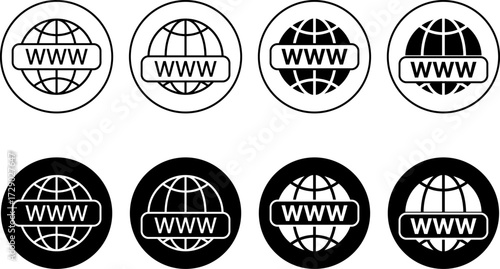 Worldwide icon with WWW text. www symbol. world wide web icons collection. World icon. globe icons with www sign