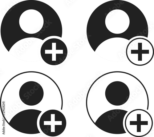 Add new user icon set. User profile add friend symbol. Add user sign. Add new member icons collection. User or person with plus symbols