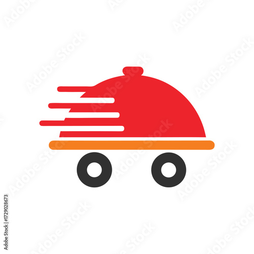 Red food cloche on wheels with motion lines delivery service