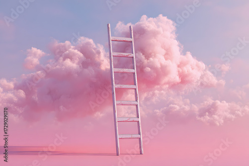 Ascend to new heights with a dreamlike ladder reaching towards whimsical pastel clouds