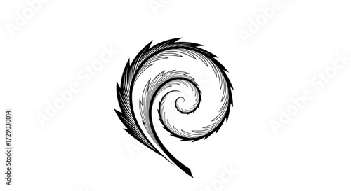 A black and white spiral design resembling a fern frond with jagged edges on a white background is shown