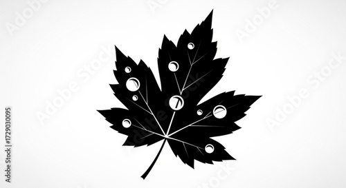 Black silhouette of a maple leaf with water droplets on it against a white background design element
