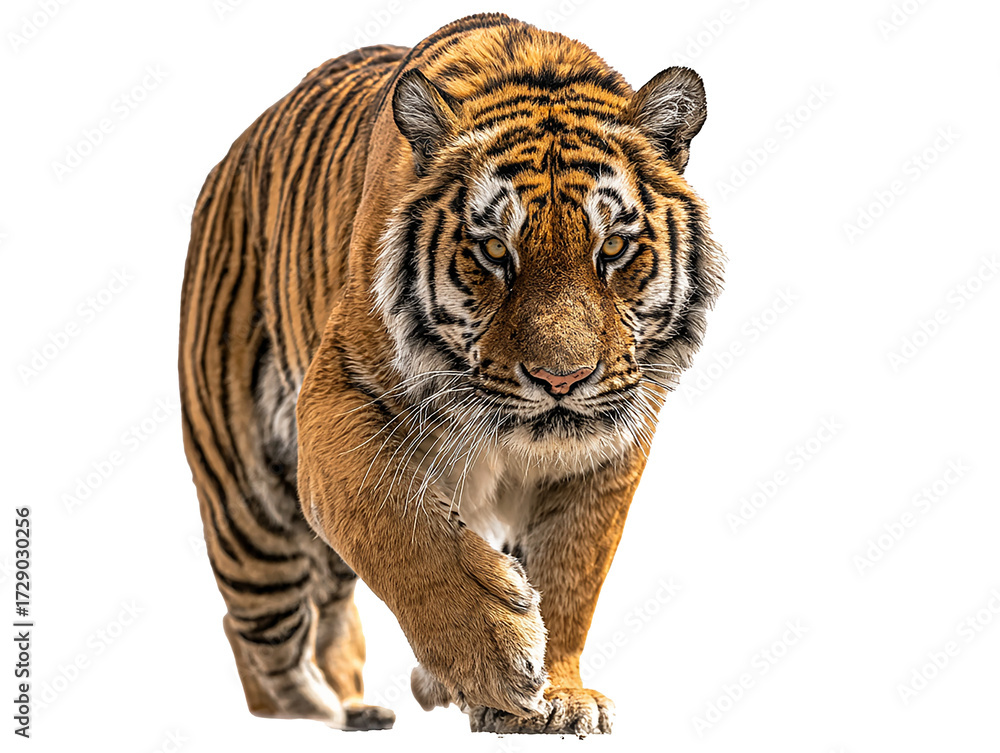 Obraz premium Bengal Tiger Mid-Stride Isolated on Transparent Background, Intense Gaze PNG