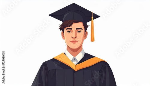 A vector drawing of a graduation student wearing cap and gown flat educational style isolated on white background
