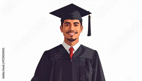 A vector drawing of a graduation student wearing cap and gown flat educational style isolated on white background
