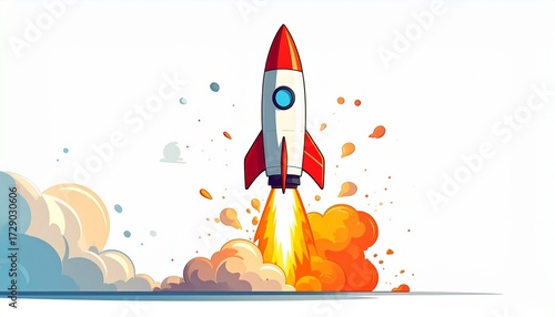 A vector drawing of a rocket launching with fire and smoke cartoon modern style isolated on white background
