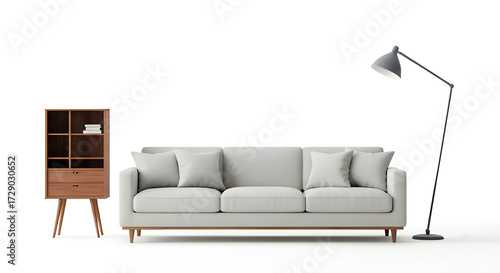 Modern Gray Sofa with Floor Lamp and Wooden Cabinet — Sofa Abu-Abu Modern dengan Lampu Lantai dan Lemari Kayu