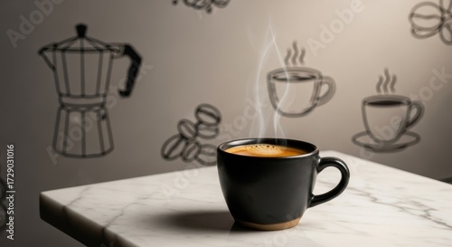A black coffee cup steams on a marble surface with coffeethemed doodles in the background