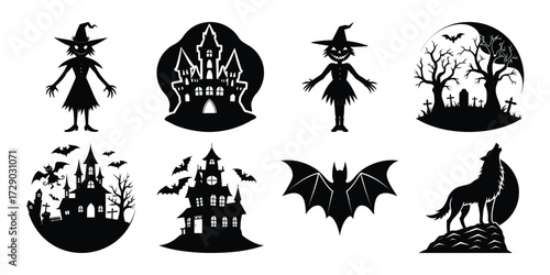 Halloween silhouettes featuring witch, castle, bat, wolf, and haunted house