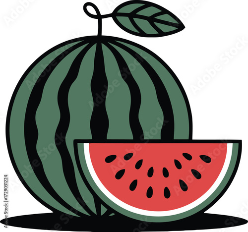 Green striped whole watermelon with a slice showing red flesh and black seeds fruit food